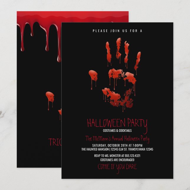 Invitación a la fiesta de Halloween con huellas de (Anverso / Reverso)