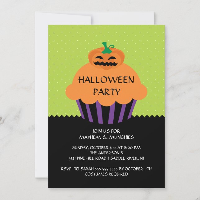 Invitación a la fiesta de Halloween con pastel de  (Anverso)