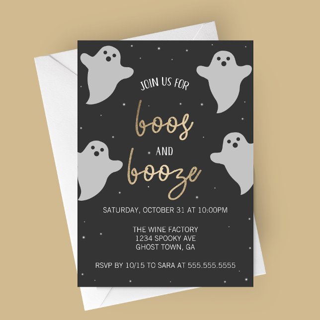 Invitación a la fiesta de Halloween de abucheos y  (Boos and Booze Flying Ghosts Elegant Halloween Party Invitation)