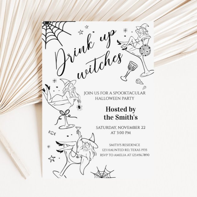 Invitación a la fiesta de Halloween de Bebe Up Wit (Hand Drawn Drink Up Witches Halloween Party Invitation)