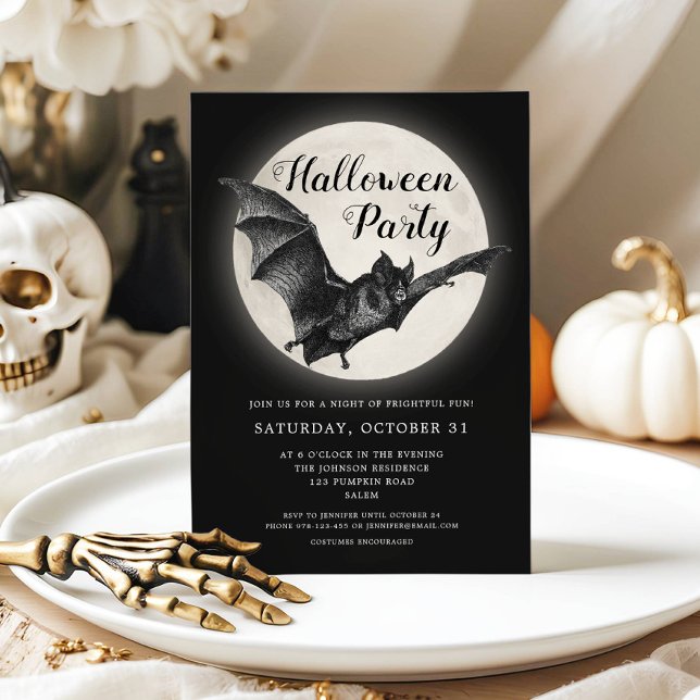 Invitación a la fiesta de Halloween de Black Bat F (Black Bat Full Moon Halloween Party Invitation)