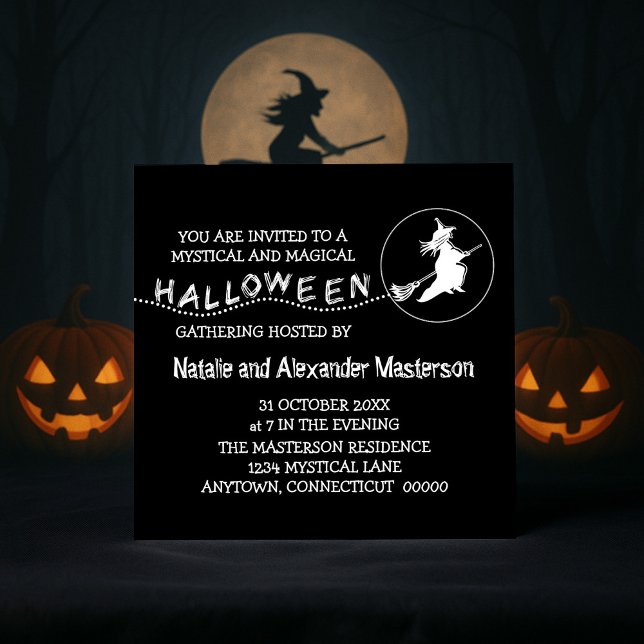 Invitación a la fiesta de Halloween de bruja volad (Black Flying Witch Halloween Party Invite)