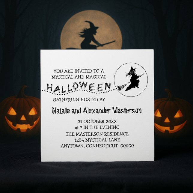 Invitación a la fiesta de Halloween de Brujas, bla (White Flying Witch Halloween Party Invite)