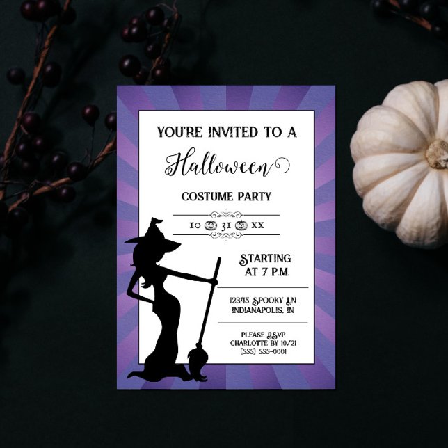 Invitación a la fiesta de Halloween de brujas mora (Purple Starburst Witch Halloween Party Invite)