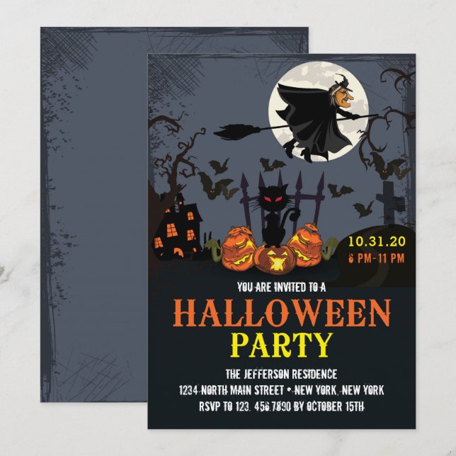 Invitación a la fiesta de Halloween de Brujas Negr (Anverso / Reverso)