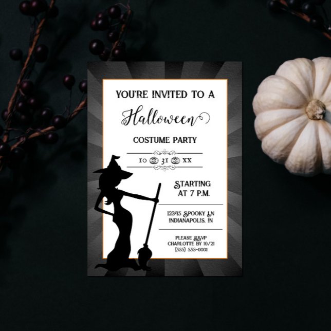 Invitación a la fiesta de Halloween de Brujas Negr (Black Starburst Witch Halloween Party Invite)