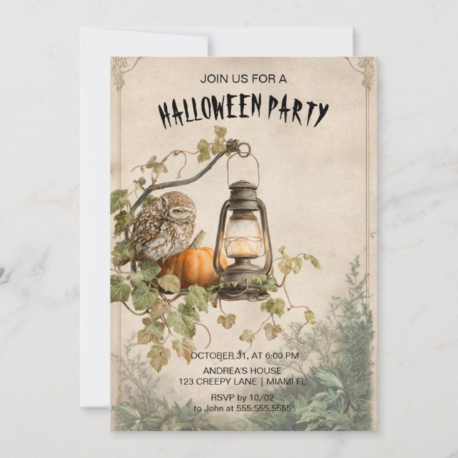 Invitación a la fiesta de halloween de búho y lint (Anverso)