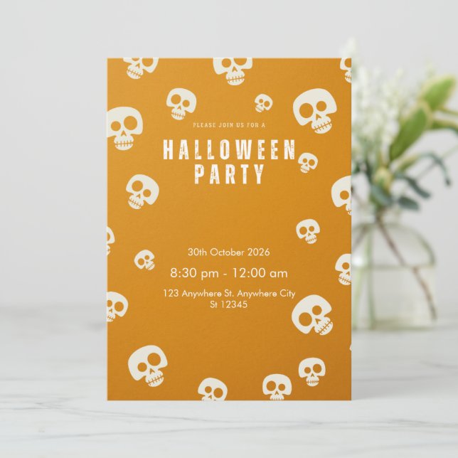Invitación a la fiesta de Halloween de cráneo retr (Anverso de pie)