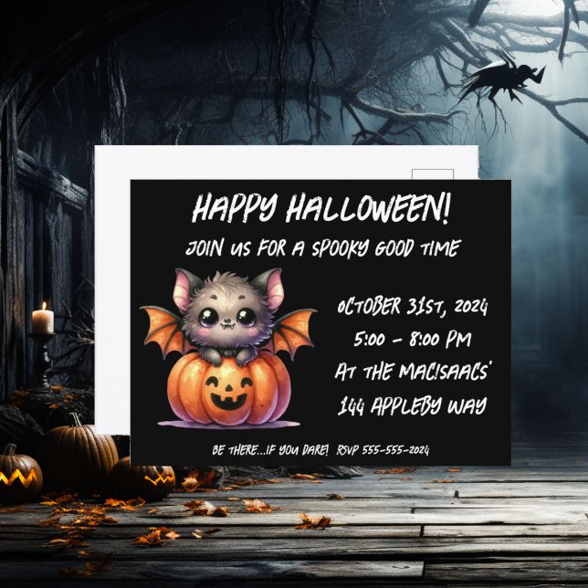 Invitación a la fiesta de Halloween de Cute Baby B (Cute Happy Halloween Baby Bat Pumpkin illustration design)
