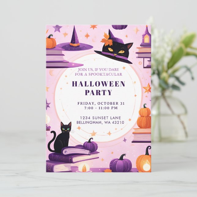 Invitación a la fiesta de Halloween de Gato Brujo  (Anverso de pie)