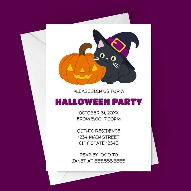 Invitación a la fiesta de Halloween de Gato Brujo (Cute Cartoon Cat in Witch's Hat and Jack-o-lantern Halloween Party Invitation)