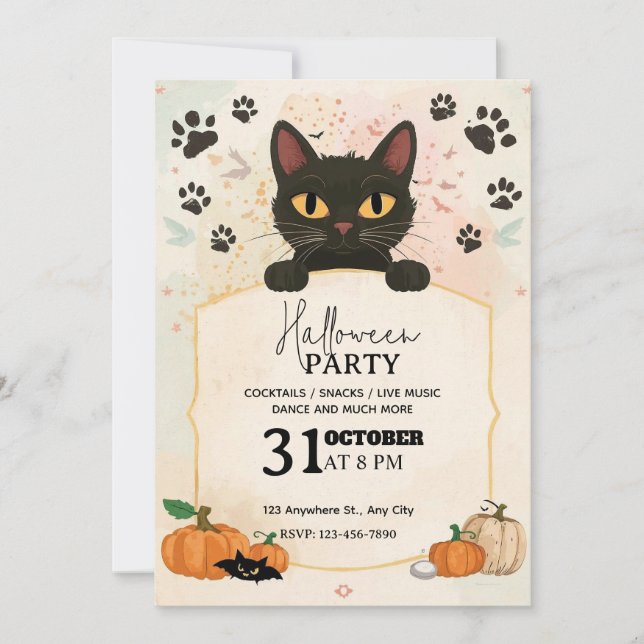 Invitación a la fiesta de Halloween de Gato Negro  (Anverso)