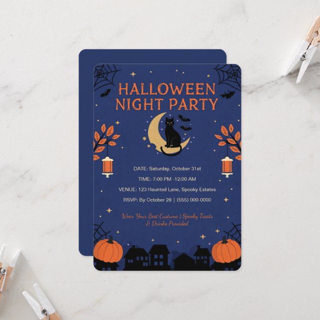 Invitación a la fiesta de Halloween de gato negro  (Anverso/Reverso In Situ)