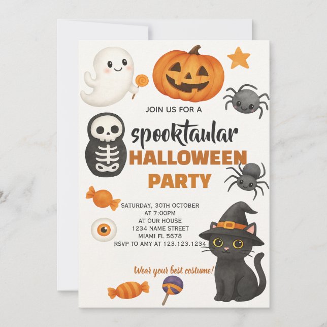 Invitación a la fiesta de Halloween de Gato Negro (Anverso)