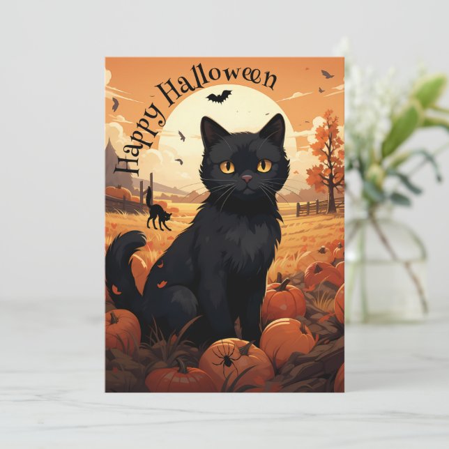 Invitación a la fiesta de Halloween de Gato Negro (Anverso de pie)