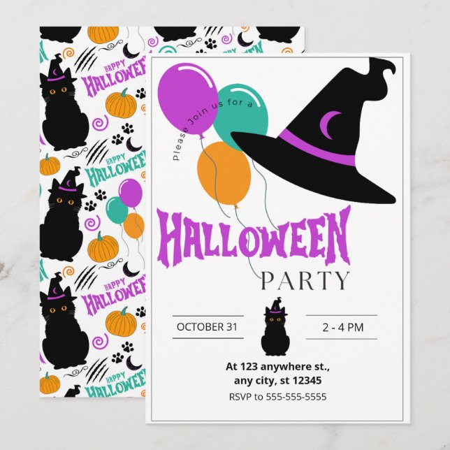 Invitación a la Fiesta de Halloween de Gatos (Anverso / Reverso)
