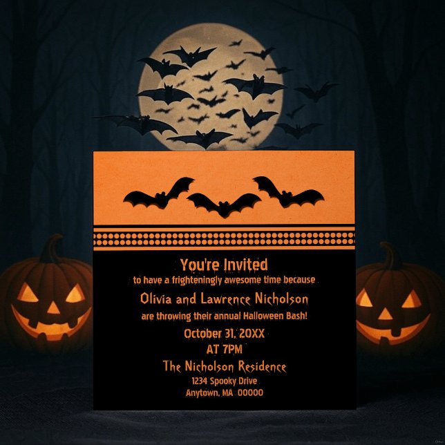 Invitación a la fiesta de Halloween de Gone Batty, (Orange Gone Batty Halloween Party Invitation)