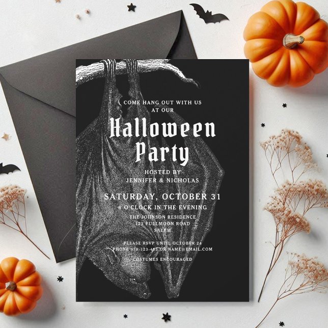 Invitación a la fiesta de Halloween de Gótica Vint (Gothic Vintage Bats Halloween Party Invitation)