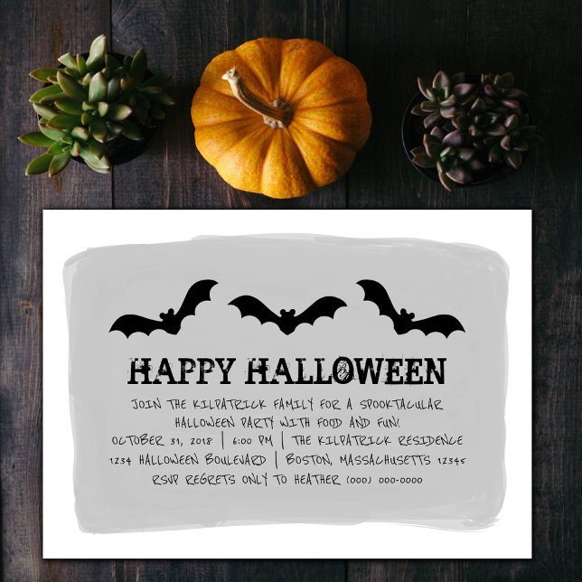 Invitación a la fiesta de Halloween de Gray Waterc (Gray Watercolor Bats Halloween Party Invite)