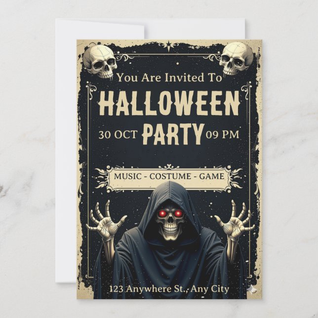 Invitación a la fiesta de Halloween de Grim Reaper (Anverso)
