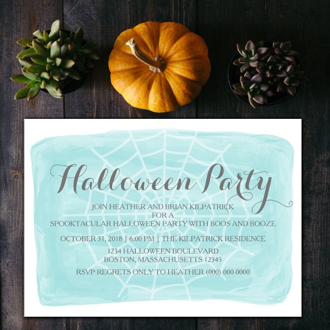 Invitación a la fiesta de Halloween de la Araña ac (Aqua Watercolor Spiderweb Halloween Party Invite)