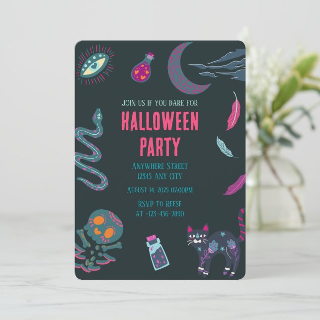 Invitación a la fiesta de halloween de la bruja (Anverso de pie)
