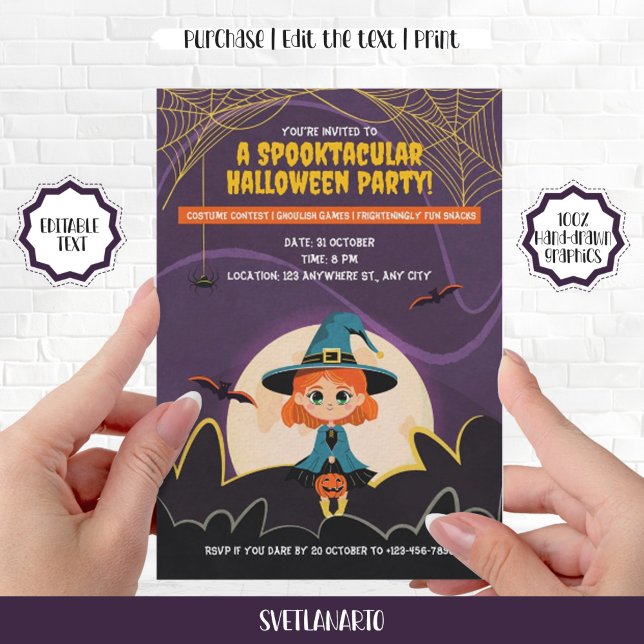 Invitación a la fiesta de Halloween de la bruja de (Cute Ginger Witch Girl Halloween Party Invitation)