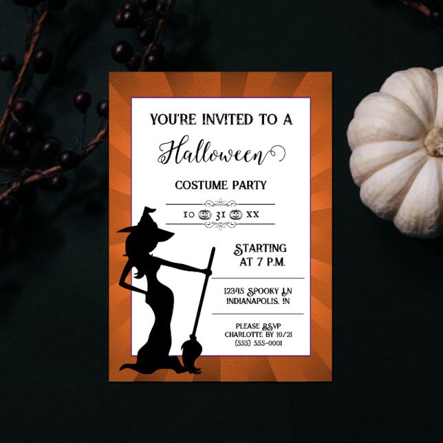 Invitación a la fiesta de halloween de la bruja de (Orange Starburst Witch Halloween Party Invite)