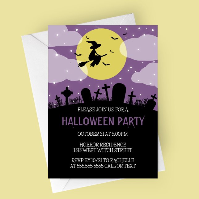 Invitación a la fiesta de Halloween de la Bruja Vo (Flying Witch Over Cemetery with Purple Sky Halloween Party Invitation)