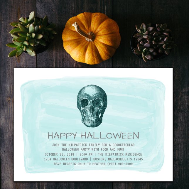 Invitación a la fiesta de Halloween de la inaugura (Aqua Watercolor Skull Halloween Party Invite)