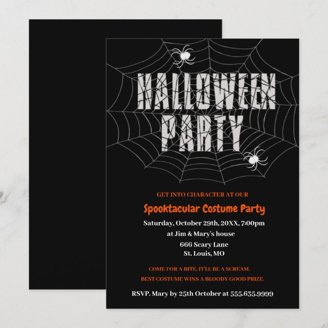 Invitación a la fiesta de Halloween de la telaraña (Anverso / Reverso)