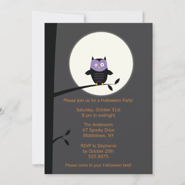 Invitación a la fiesta de Halloween de Lechuza Mod (Anverso)