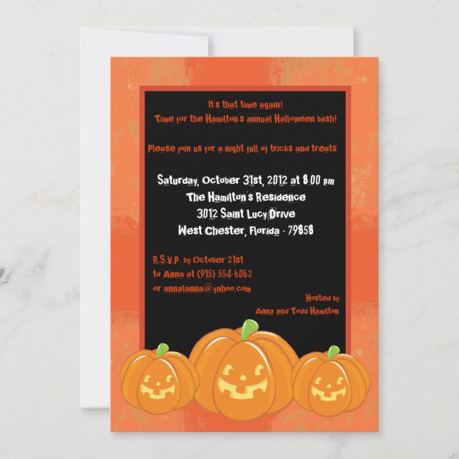 Invitación a la fiesta de Halloween de los Naranja (Anverso)