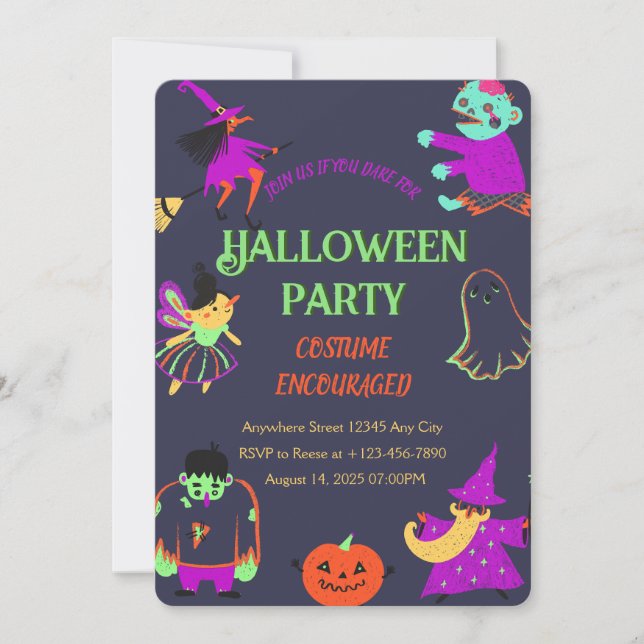 Invitación a la fiesta de Halloween de Neon Spooky (Anverso)
