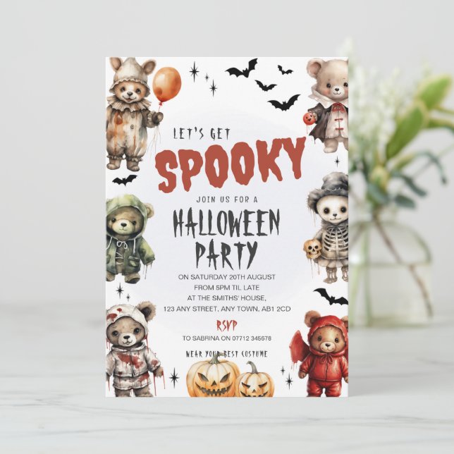 Invitación a la fiesta de Halloween de ositos de p (Anverso de pie)