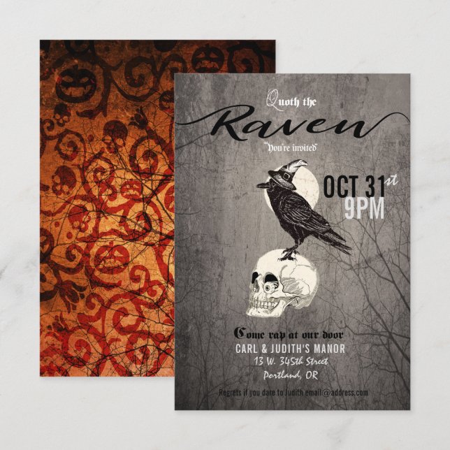 Invitación a la fiesta de Halloween de Poe Raven (Anverso / Reverso)