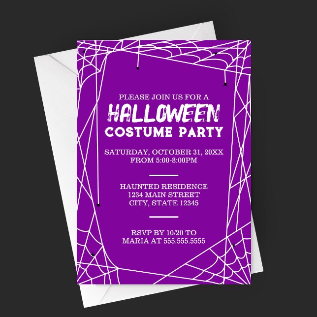 Invitación a la fiesta de Halloween de telaraña (Bright Purple Spiderweb Frame Halloween Costume Party Invitation)