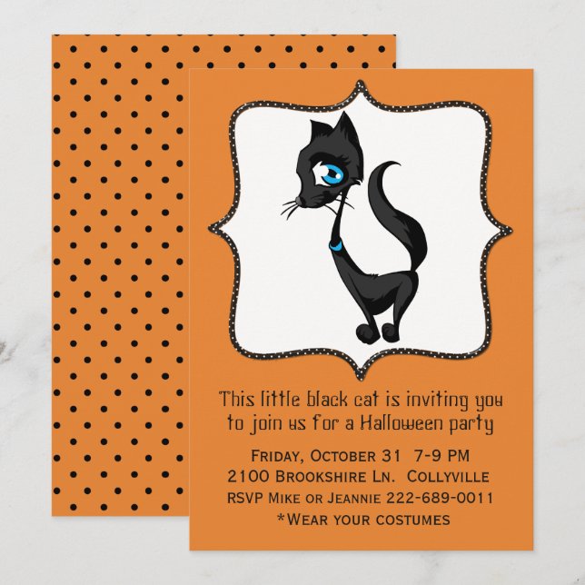 Invitación a la fiesta de Halloween de un gato neg (Anverso / Reverso)