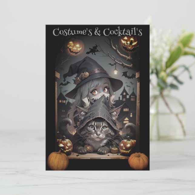 Invitación a la fiesta de Halloween de una bruja y (Anverso de pie)