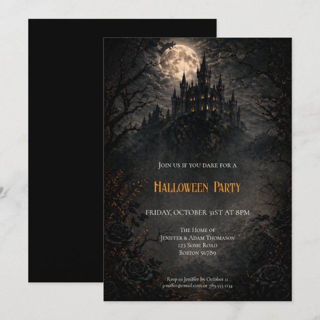 invitación a la fiesta de Halloween del castillo e (Anverso / Reverso)