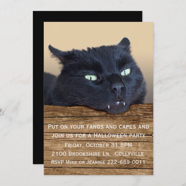 Invitación a la fiesta de Halloween del gato negro (Anverso / Reverso)