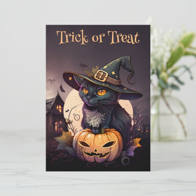 Invitación a la fiesta de Halloween del gato negro (Anverso de pie)