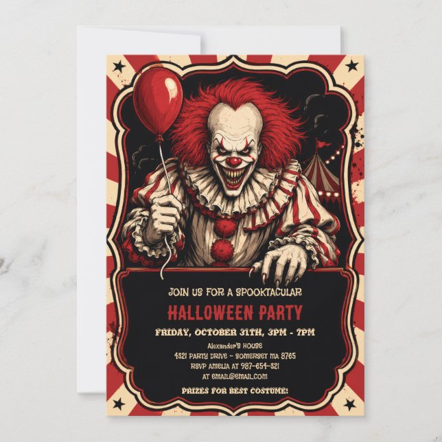 Invitación a la fiesta de Halloween del payaso de  (Anverso)
