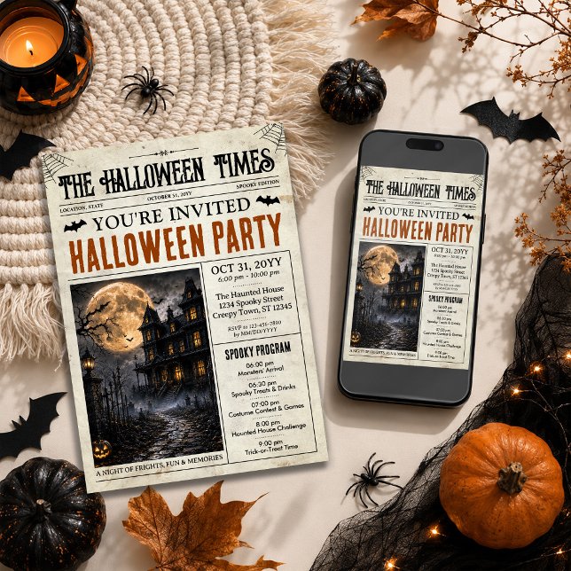 Invitación a la fiesta de Halloween en formato de  (Halloween Newspaper Invitation with Program | Personalized Spooky Party Invite)