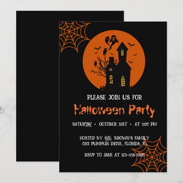 Invitación a la fiesta de Halloween en una casa em (Anverso / Reverso)