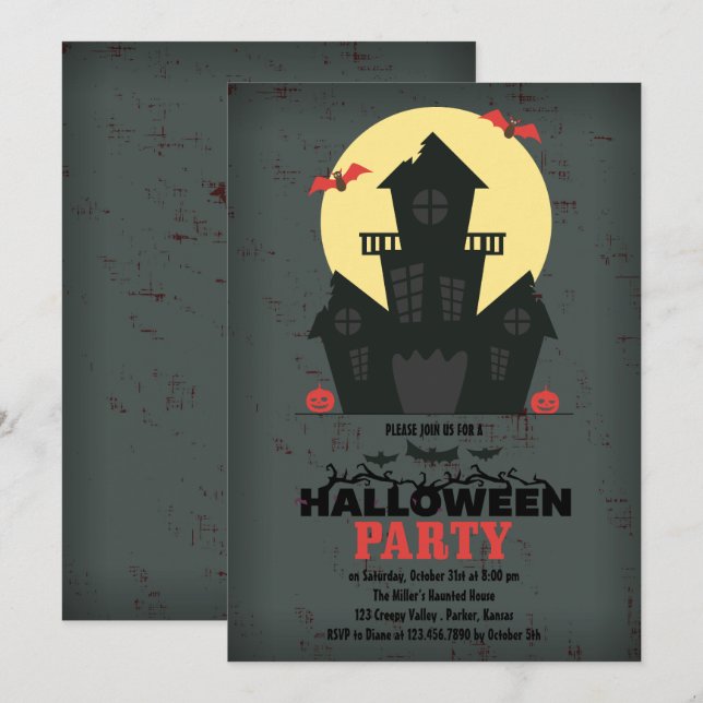 Invitación a la fiesta de Halloween en una casa em (Anverso / Reverso)