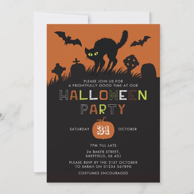 Invitación a la fiesta de Halloween - Gato negro (Anverso)