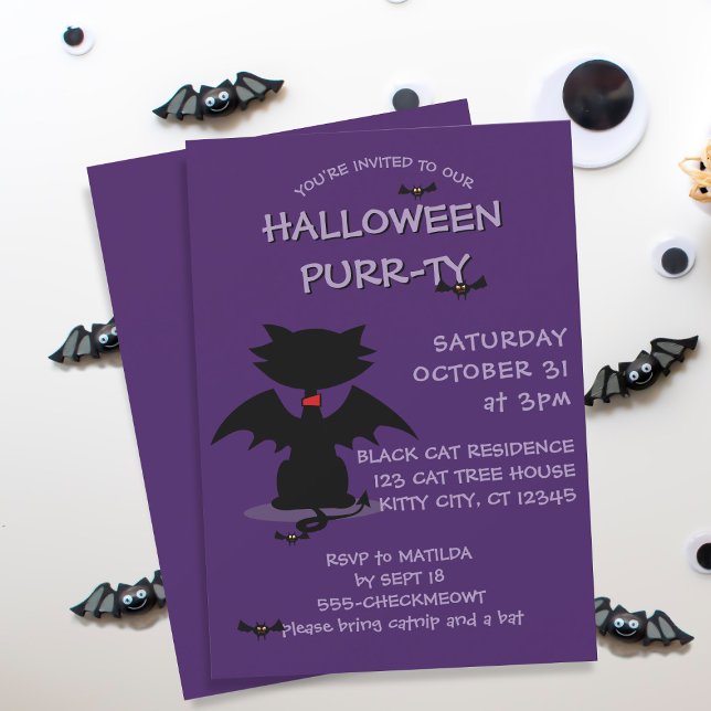 Invitación a la fiesta de Halloween morada de gato (It's the black cat's favorite time of the year and is ready to party. Add the details of yours!)