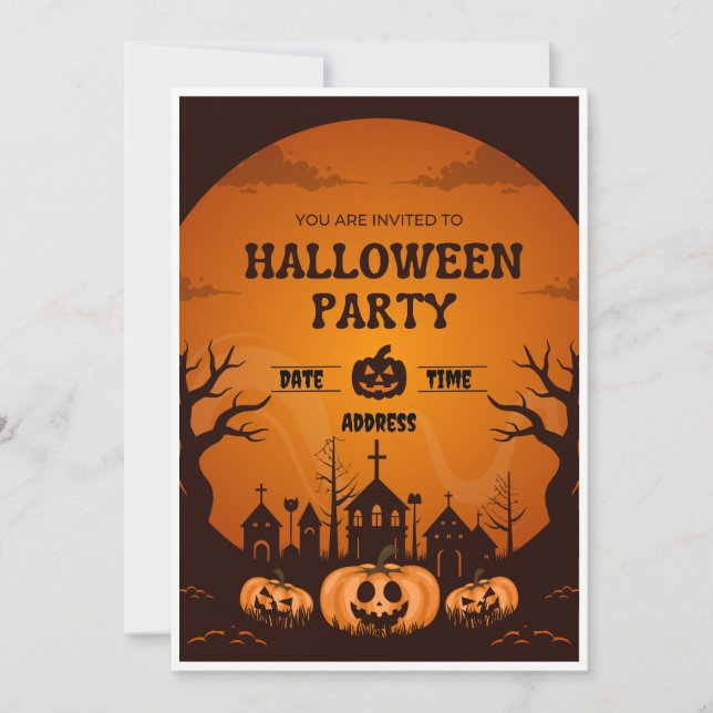 Invitación a la fiesta de Halloween naranja y negr (Anverso)