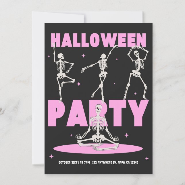 Invitación a la fiesta de Halloween Negra y Rosa (Anverso)